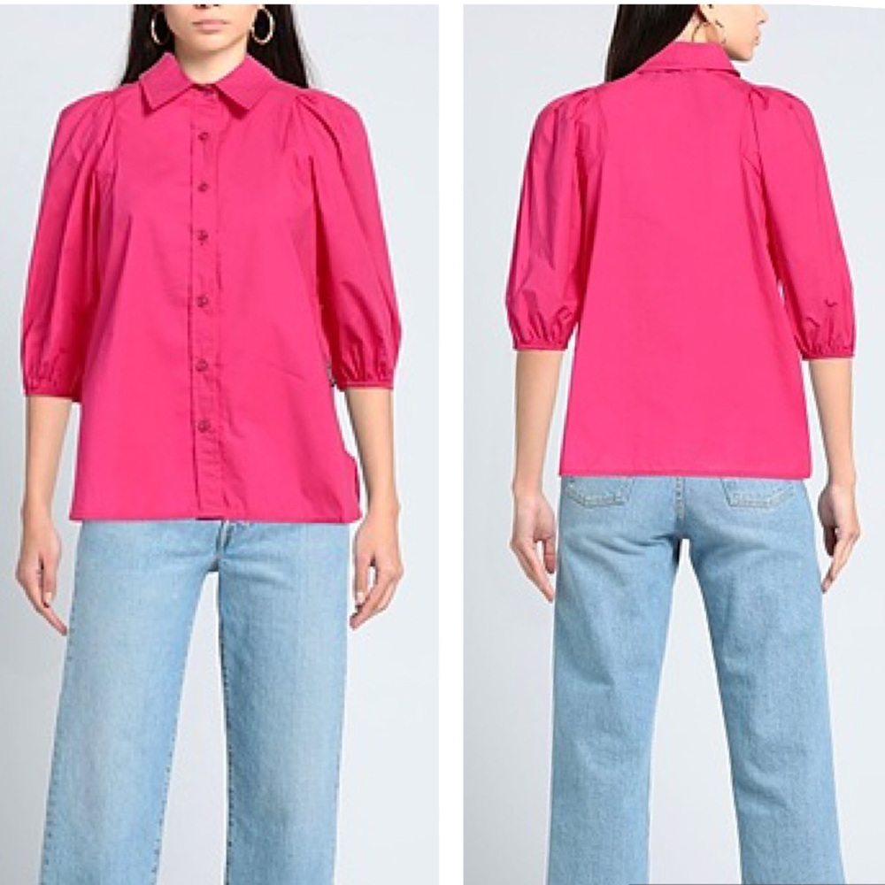 Silvian Heach Fuchsia Poplin Cotton Puff 3/4 Puff‎ Sleeve Button Front Top